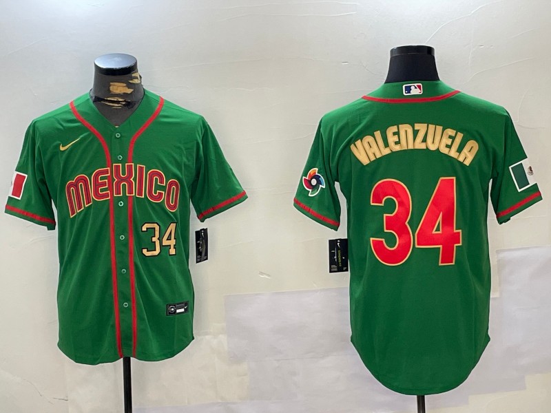 Men's Mexico Baseball #34 Fernando Valenzuela Number 2023 Green Gold World Classic Stitched Jersey 01