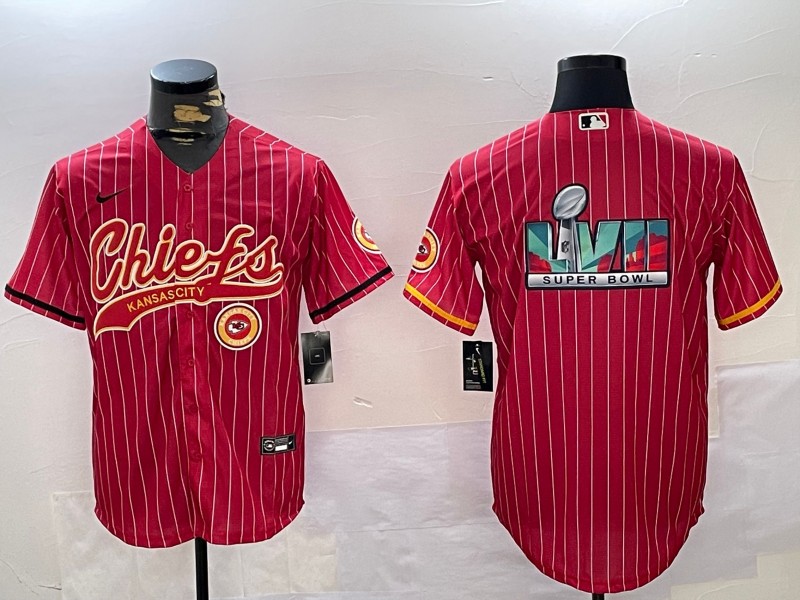 Men's Kansas City Chiefs Red With Super Bowl LVII Big Logo Cool Base Stitched Baseball Jersey 02