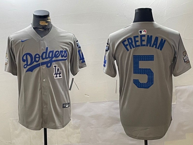 Men's Los Angeles Dodgers #5 Freddie Freeman Fashion Grey With 34 Fernando Memorial & 2024 WS Patch Cool Base Stitched Baseball Jersey 06