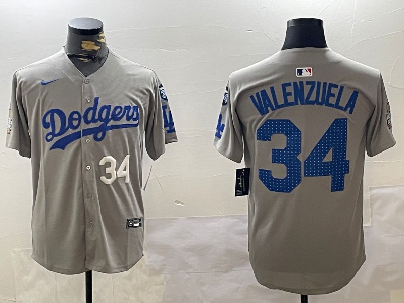 Men's Los Angeles Dodgers #34 Fernando Valenzuela Fashion Grey With 34 Fernando Memorial & 2024 WS Patch Cool Base Stitched Baseball Jersey 06