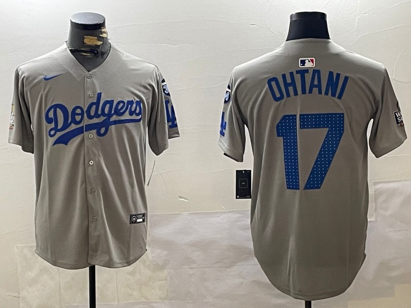 Men's Los Angeles Dodgers #17 Shohei Ohtani Fashion Grey With 34 Fernando Memorial & 2024 WS Patch Cool Base Stitched Baseball Jersey