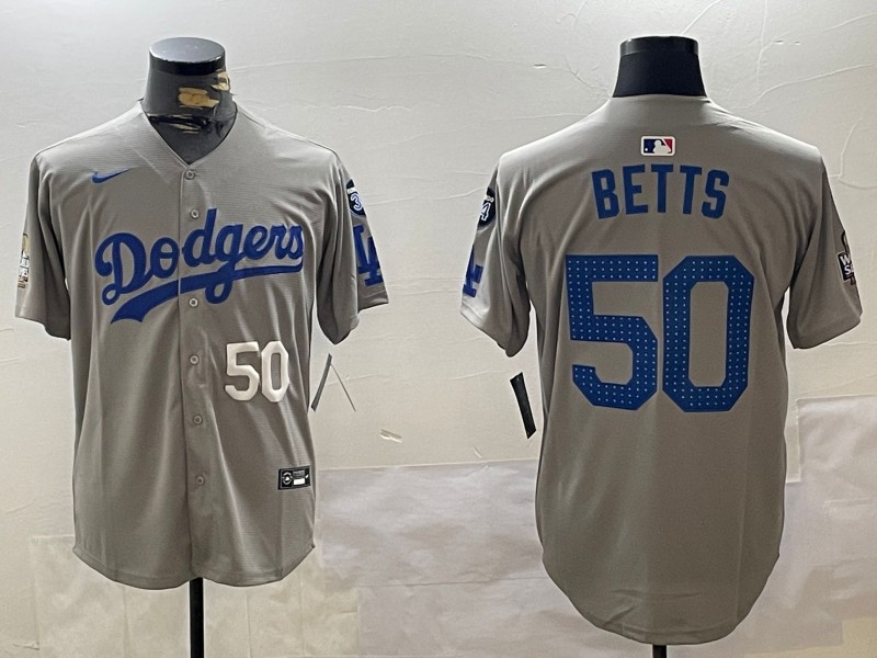 Men's Los Angeles Dodgers #50 Mookie Betts Fashion Grey With 34 Fernando Memorial & 2024 WS Patch Cool Base Stitched Baseball Jersey 06