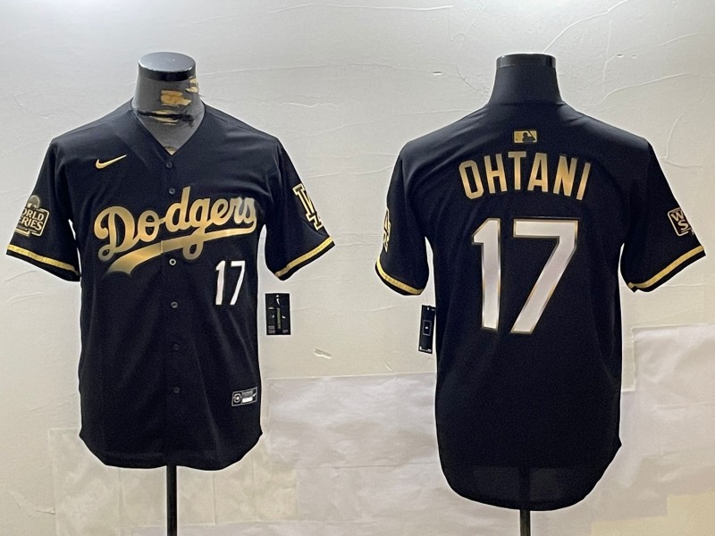 Men's Los Angeles Dodgers #17 Shohei Ohtani Black Gold 2024 World Series Patch Limited Stitched Baseball Jersey