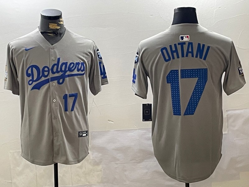 Men's Los Angeles Dodgers #17 Shohei Ohtani Fashion Grey With 34 Fernando Memorial & 2024 WS Patch Cool Base Stitched Baseball Jersey 05