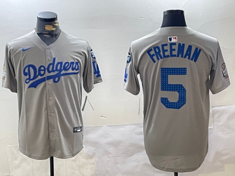 Men's Los Angeles Dodgers #5 Freddie Freeman Fashion Grey With 34 Fernando Memorial & 2024 WS Patch Cool Base Stitched Baseball Jersey