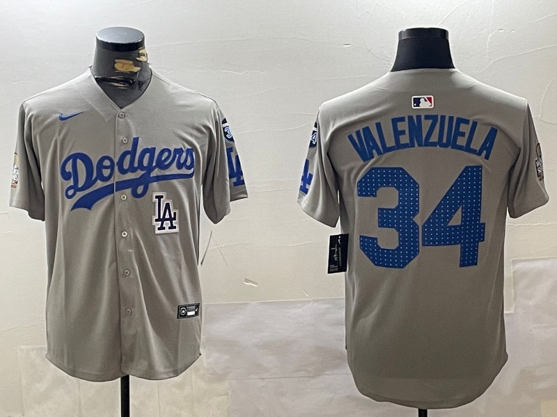 Men's Los Angeles Dodgers #34 Fernando Valenzuela Fashion Grey With 34 Fernando Memorial & 2024 WS Patch Cool Base Stitched Baseball Jersey 04