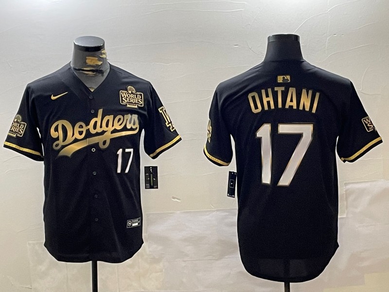 Men's Los Angeles Dodgers #17 Shohei Ohtani Black Gold 2024 World Series Patch Limited Stitched Baseball Jerseys