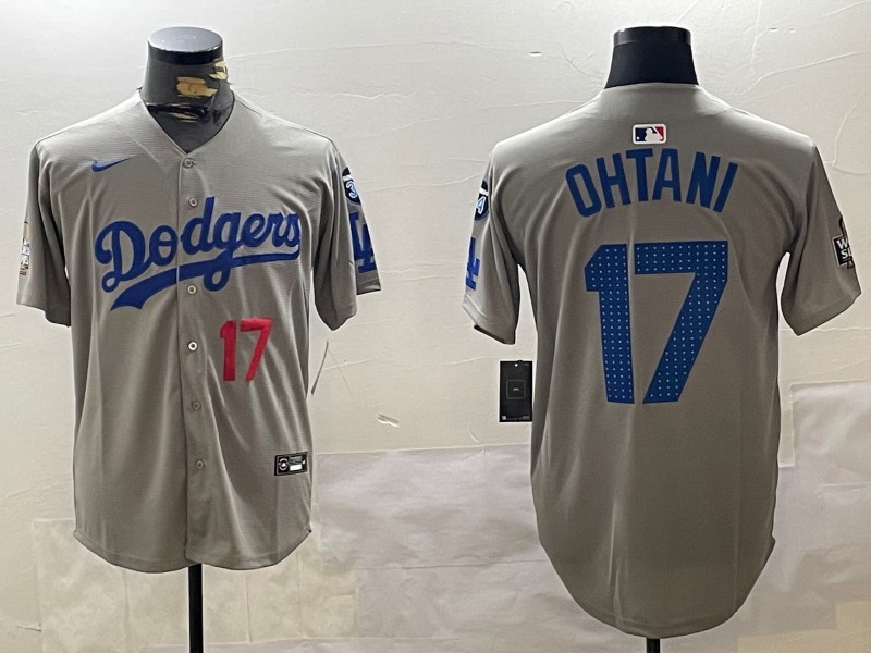 Men's Los Angeles Dodgers #17 Shohei Ohtani Fashion Grey With 34 Fernando Memorial & 2024 WS Patch Cool Base Stitched Baseball Jerseys