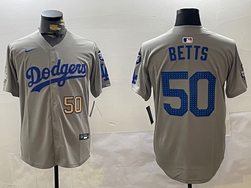 Men's Los Angeles Dodgers #50 Mookie Betts Fashion Grey With 34 Fernando Memorial & 2024 WS Patch Cool Base Stitched Baseball Jersey 04