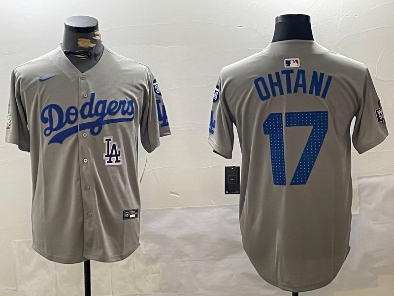 Men's Los Angeles Dodgers #17 Shohei Ohtani Fashion Grey With 34 Fernando Memorial & 2024 WS Patch Cool Base Stitched Baseball Jersey 03