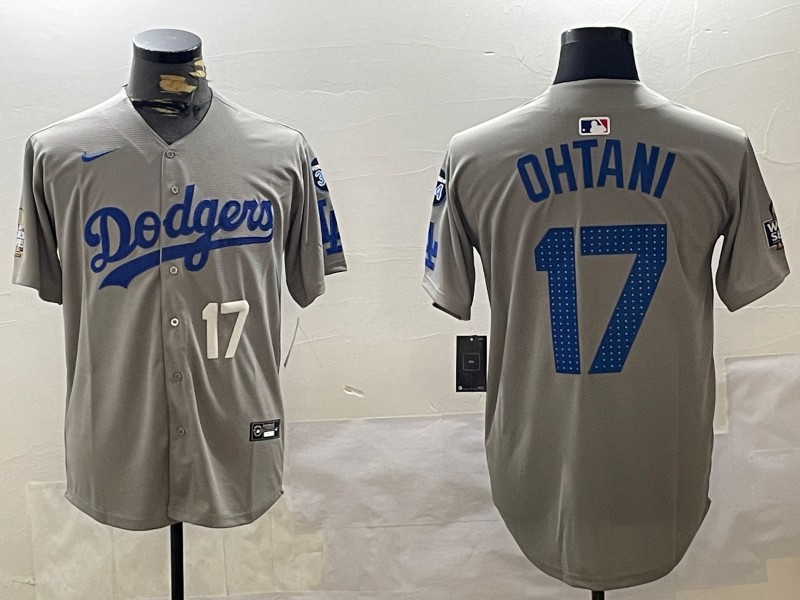 Men's Los Angeles Dodgers #17 Shohei Ohtani Fashion Grey With 34 Fernando Memorial & 2024 WS Patch Cool Base Stitched Baseball Jersey 06