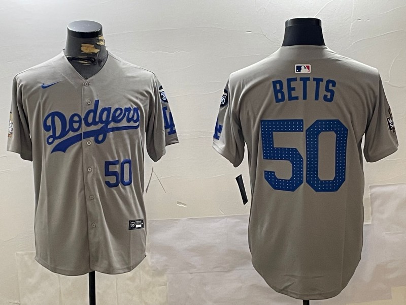 Men's Los Angeles Dodgers #50 Mookie Betts Fashion Grey With 34 Fernando Memorial & 2024 WS Patch Cool Base Stitched Baseball Jersey 05