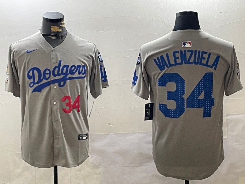 Men's Los Angeles Dodgers #34 Fernando Valenzuela Fashion Grey With 34 Fernando Memorial & 2024 WS Patch Cool Base Stitched Baseball Jerseys