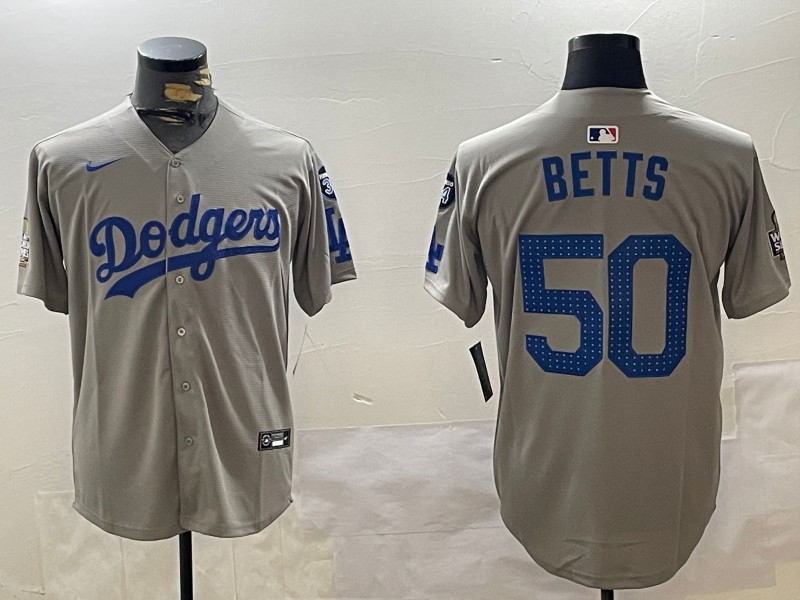 Men's Los Angeles Dodgers #50 Mookie Betts Fashion Grey With 34 Fernando Memorial & 2024 WS Patch Cool Base Stitched Baseball Jersey