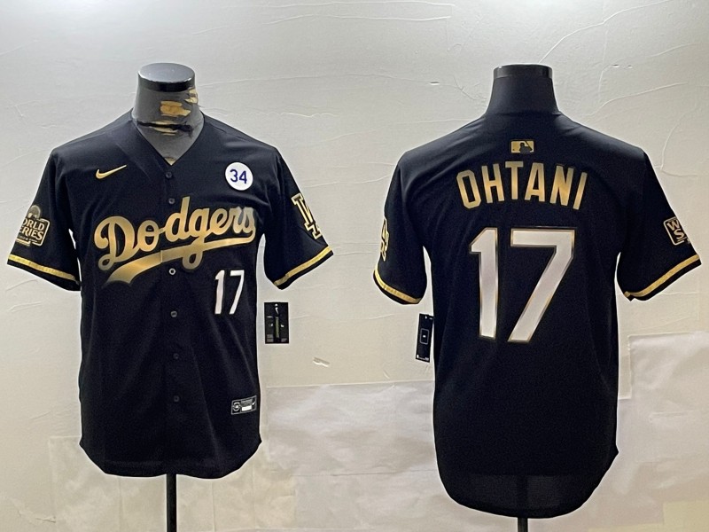 Men's Los Angeles Dodgers #17 Shohei Ohtani Black Gold 2024 World Series & 34 Patch Limited Stitched Baseball Jersey