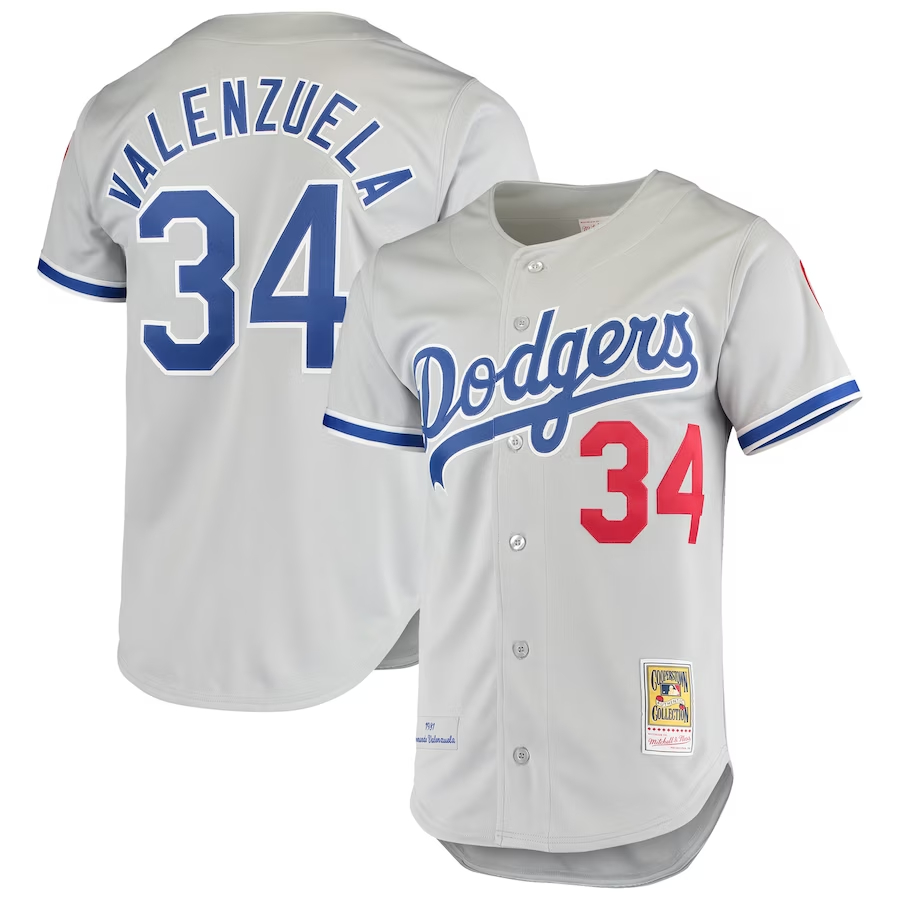 Men's Mitchell & Ness #34 Fernando Valenzuela Gray Los Angeles Dodgers Road 1981 Cooperstown Collection Jersey