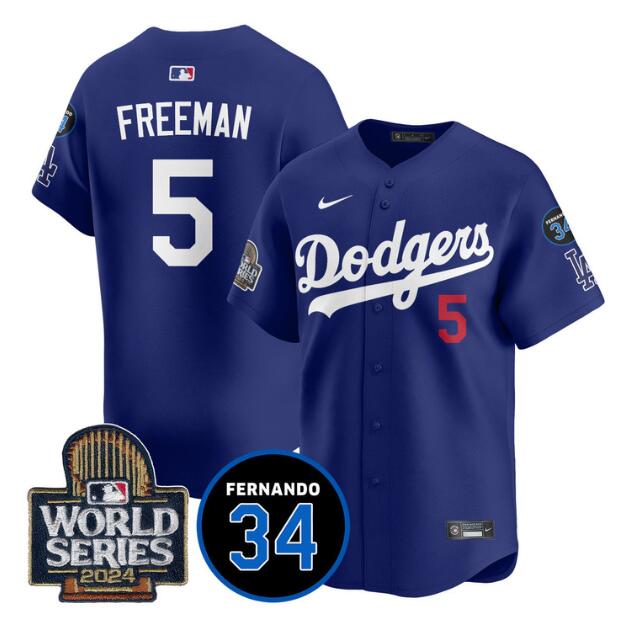 Men's Los Angeles Dodgers #5 Freddie Freeman Royal 2024 World Series With Fernando Memorial Patch Limited Stitched Baseball Jersey