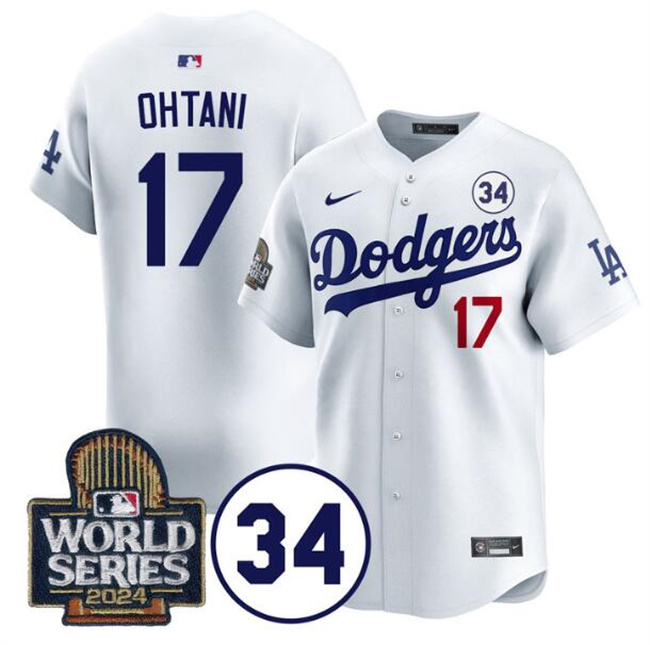 Men's Los Angeles Dodgers #17 Shohei Ohtani White 2024 World Series With No. 34 Patch Limited Stitched Baseball Jersey