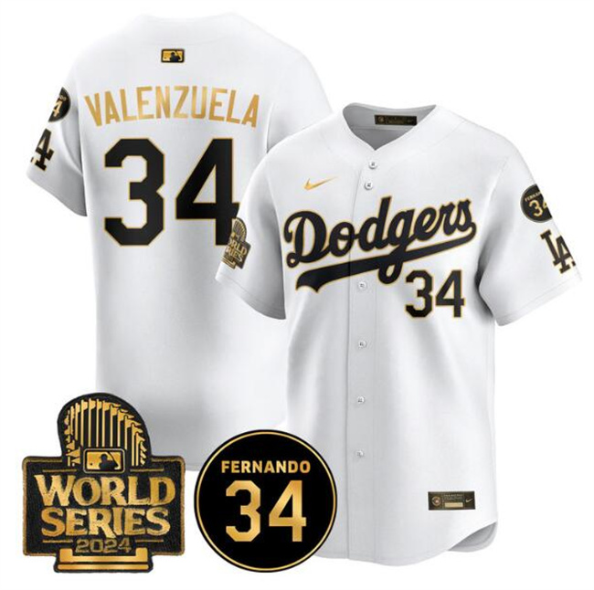 Men's Los Angeles Dodgers #34 Toro Valenzuela White_Gold 2024 World Series With Fernando Memorial Patch Limited Stitched Baseball Jersey