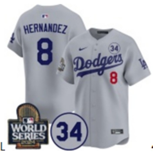 Men's Los Angeles Dodgers #8 Enrique Hernández Grey 2024 World Series With 34 Fernando Memorial Patch Fashion Limited Stitched Baseball Jersey