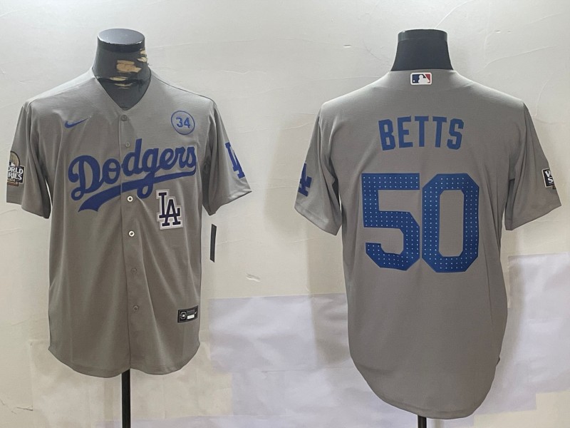 Men's Los Angeles Dodgers #50 Mookie Betts Grey 2024 World Series With 34 Fernando Memorial Patch Fashion Limited Stitched Baseball Jersey 04