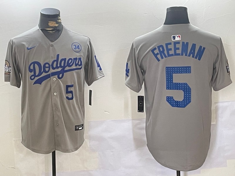 Men's Los Angeles Dodgers #5 Freddie Freeman Grey 2024 World Series With 34 Fernando Memorial Patch Fashion Limited Stitched Baseball Jersey 06