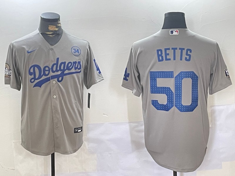 Men's Los Angeles Dodgers #50 Mookie Betts Grey 2024 World Series With 34 Fernando Memorial Patch Fashion Limited Stitched Baseball Jersey 01