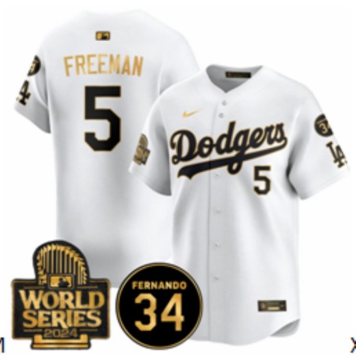 Men's Los Angeles Dodgers #5 Freddie Freeman White Gold 2024 World Series With Fernando Memorial Patch Limited Stitched Baseball Jersey