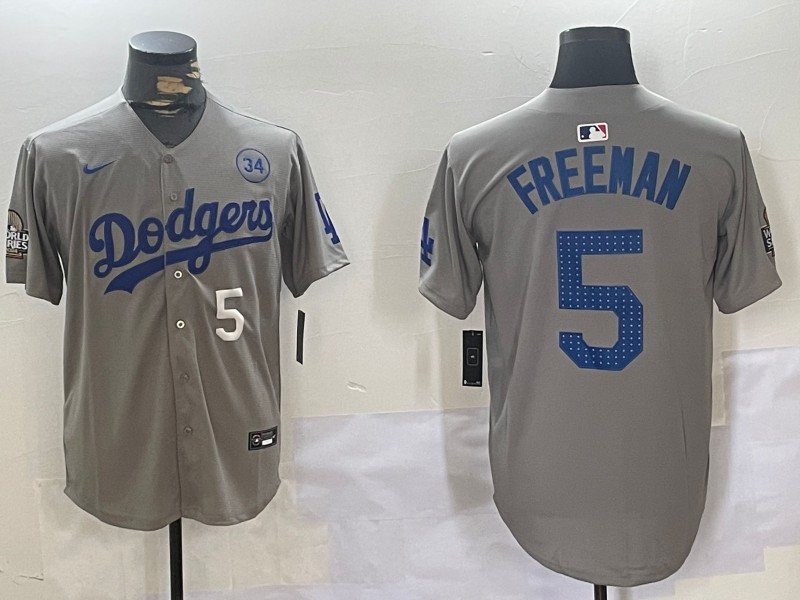 Men's Los Angeles Dodgers #5 Freddie Freeman Grey 2024 World Series With 34 Fernando Memorial Patch Fashion Limited Stitched Baseball Jersey 04