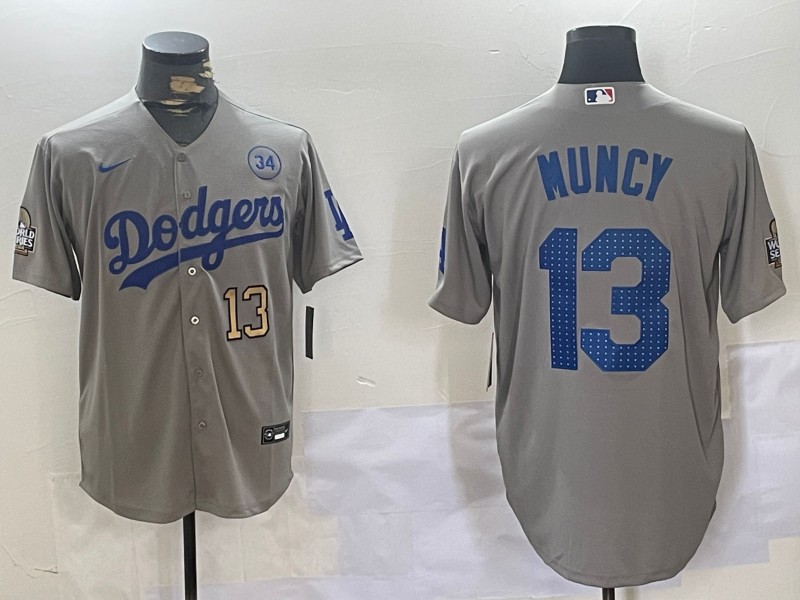 Men's Los Angeles Dodgers #13 Max Muncy Grey 2024 World Series With 34 Fernando Memorial Patch Fashion Limited Stitched Baseball Jersey 04