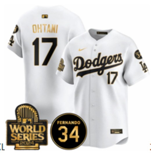 Men's Los Angeles Dodgers #17 Shohei Ohtani White Gold 2024 World Series With Fernando Memorial Patch Limited Stitched Baseball Jersey