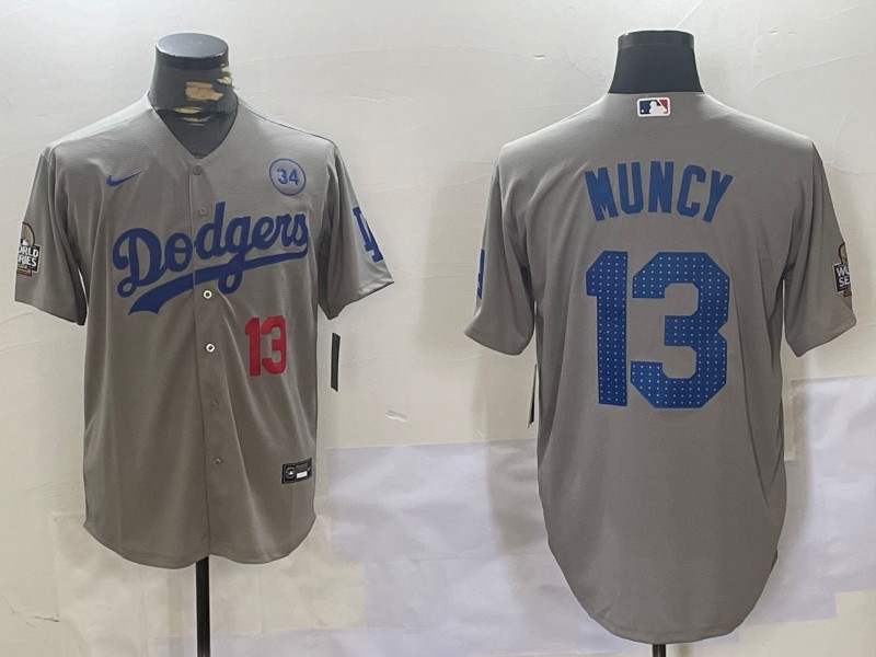 Men's Los Angeles Dodgers #13 Max Muncy Grey 2024 World Series With 34 Fernando Memorial Patch Fashion Limited Stitched Baseball Jerseys