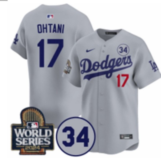 Men's Los Angeles Dodgers #17 Shohei Ohtani Grey 2024 World Series With 34 Fernando Memorial Patch Fashion Limited Stitched Baseball Jersey