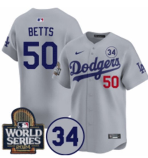 Men's Los Angeles Dodgers #50 Mookie Betts Grey 2024 World Series With 34 Fernando Memorial Patch Fashion Limited Stitched Baseball Jersey