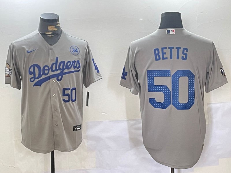 Men's Los Angeles Dodgers #50 Mookie Betts Grey 2024 World Series With 34 Fernando Memorial Patch Fashion Limited Stitched Baseball Jersey 05