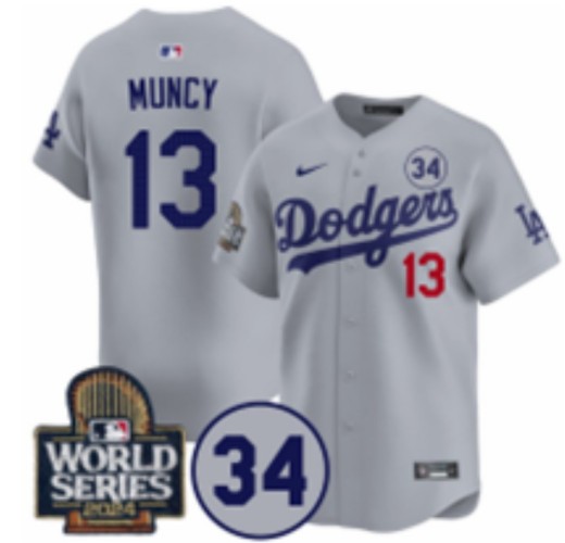 Men's Los Angeles Dodgers #13 Max Muncy Grey 2024 World Series With 34 Fernando Memorial Patch Fashion Limited Stitched Baseball Jersey