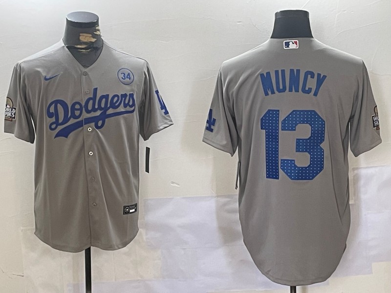 Men's Los Angeles Dodgers #13 Max Muncy Grey 2024 World Series With 34 Fernando Memorial Patch Fashion Limited Stitched Baseball Jersey 06