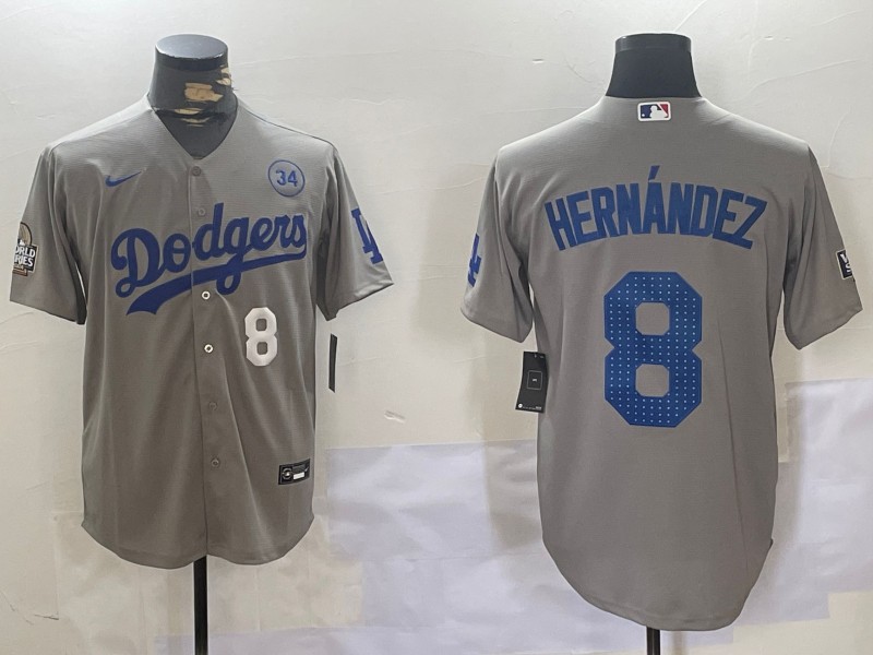 Men's Los Angeles Dodgers #8 Enrique Hernández Grey 2024 World Series With 34 Fernando Memorial Patch Fashion Limited Stitched Baseball Jersey 05