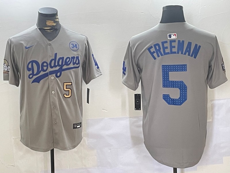 Men's Los Angeles Dodgers #5 Freddie Freeman Grey 2024 World Series With 34 Fernando Memorial Patch Fashion Limited Stitched Baseball Jersey 03