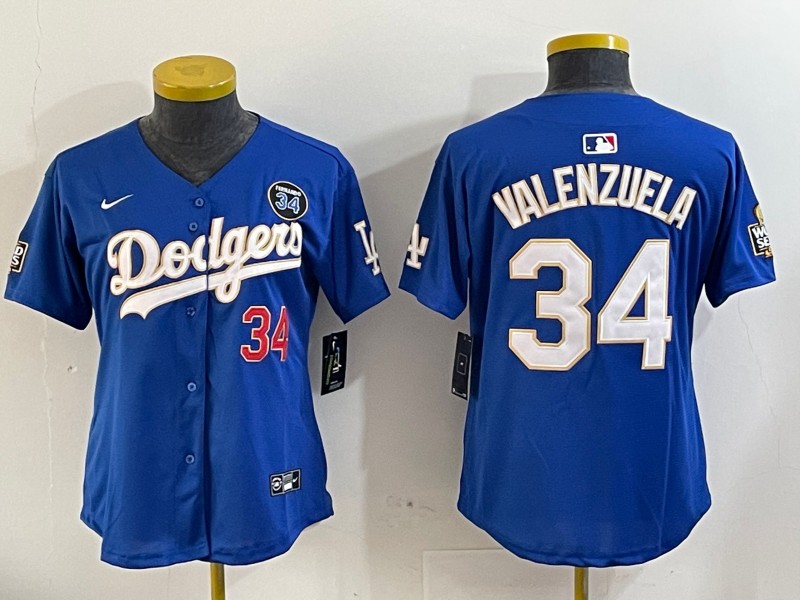 Women's Los Angeles Dodgers #34 Fernando Valenzuela Royal Gold 2024 World Series With Fernando Memorial Patch Home Limited Stitched Baseball Jersey(Run Small)