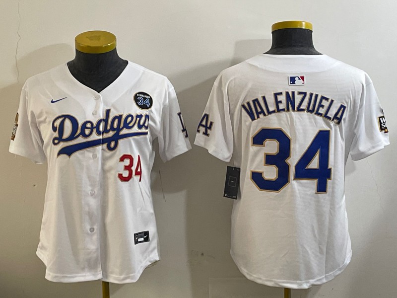 Youth Los Angeles Dodgers #34 Fernando Valenzuela White Gold 2024 World Series With No. 34 Patch Limited Stitched Baseball Jersey