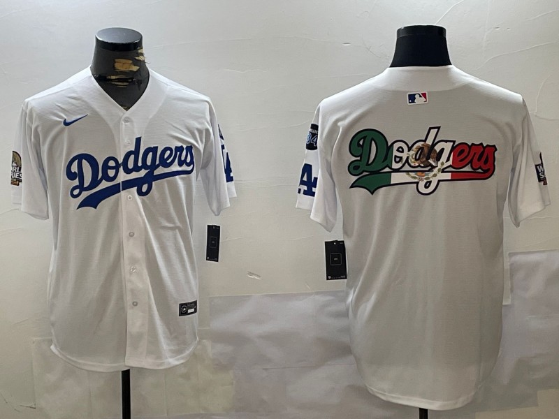 Men's Los Angeles Dodgers Blank Big Logo White 2024 World Series With Fernando Memorial Patch Limited Stitched Baseball Jerseys 07