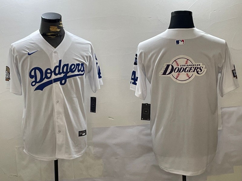 Men's Los Angeles Dodgers Blank Big Logo White 2024 World Series With Fernando Memorial Patch Limited Stitched Baseball Jerseys 06