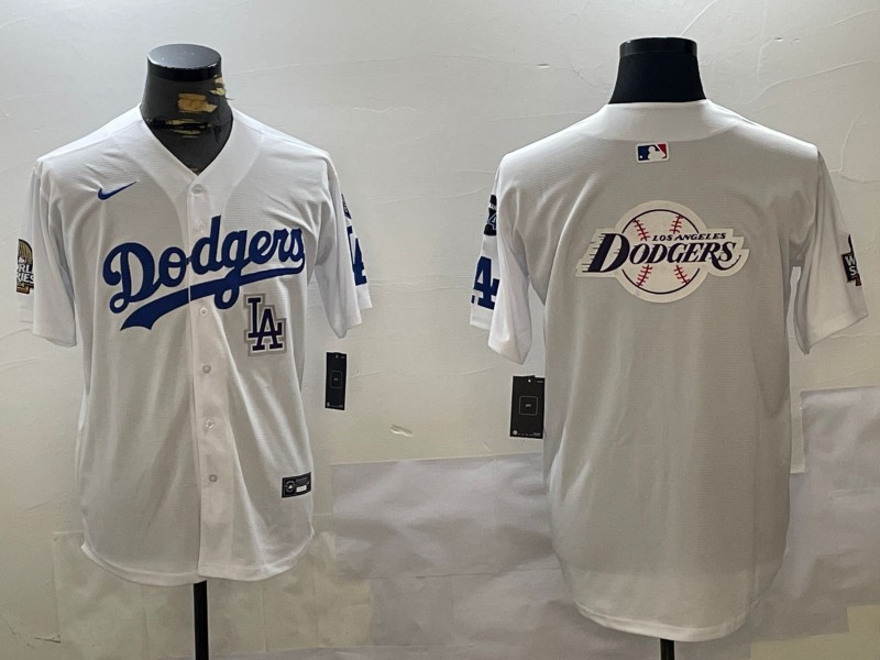 Men's Los Angeles Dodgers Blank Big Logo White 2024 World Series With Fernando Memorial Patch Limited Stitched Baseball Jerseys 03