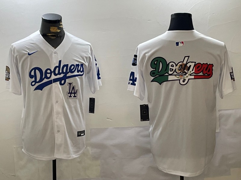 Men's Los Angeles Dodgers Blank Big Logo White 2024 World Series With Fernando Memorial Patch Limited Stitched Baseball Jerseys 08