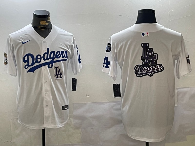 Men's Los Angeles Dodgers Blank Big Logo White 2024 World Series With Fernando Memorial Patch Limited Stitched Baseball Jerseys 05