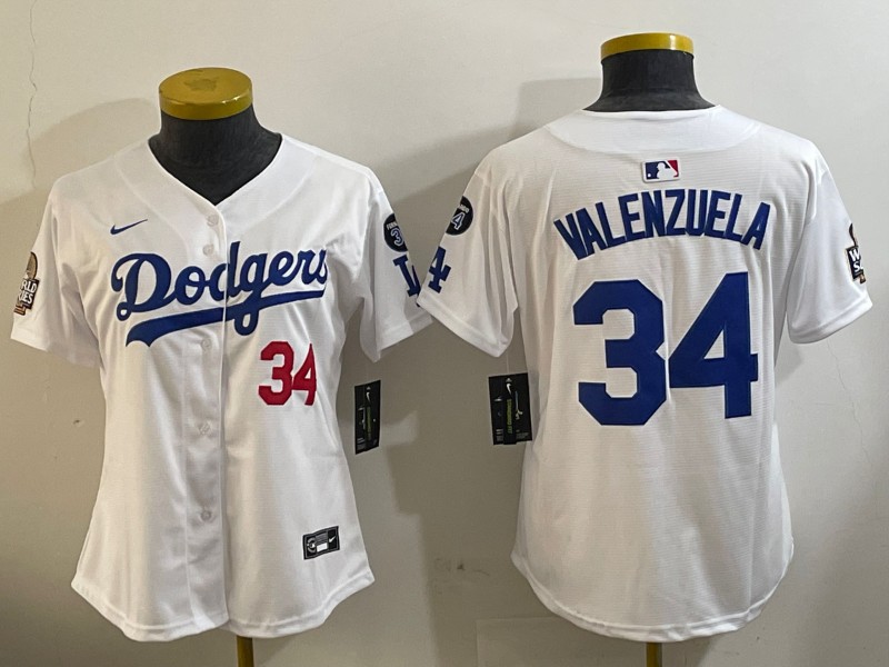 Women's Los Angeles Dodgers #34 Fernando Valenzuela White 2024 World Series With Fernando Memorial Patch Limited Stitched Baseball Jerseys