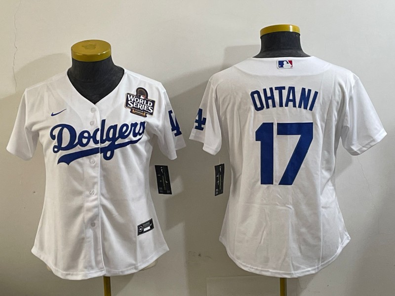 Women's Los Angeles Dodgers #17 Shohei Ohtani White 2024 World Series Patch Limited Stitched Baseball Jersey