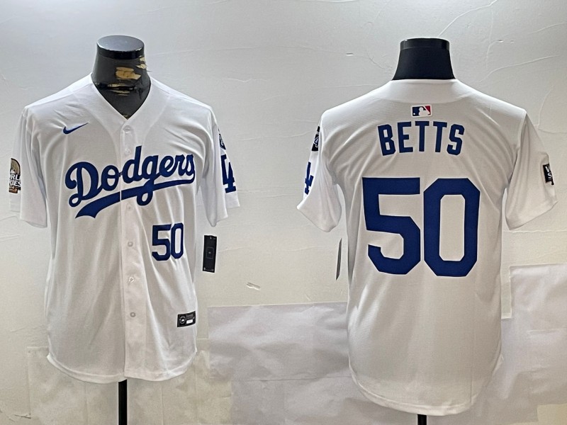 Men's Los Angeles Dodgers #50 Mookie Betts White 2024 World Series With Fernando Memorial Patch Limited Stitched Baseball Jersey 05