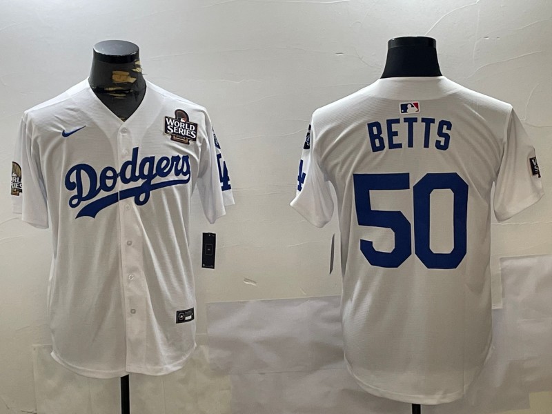 Men's Los Angeles Dodgers #50 Mookie Betts White 2024 World Series With Fernando Memorial Patch Limited Stitched Baseball Jersey 03